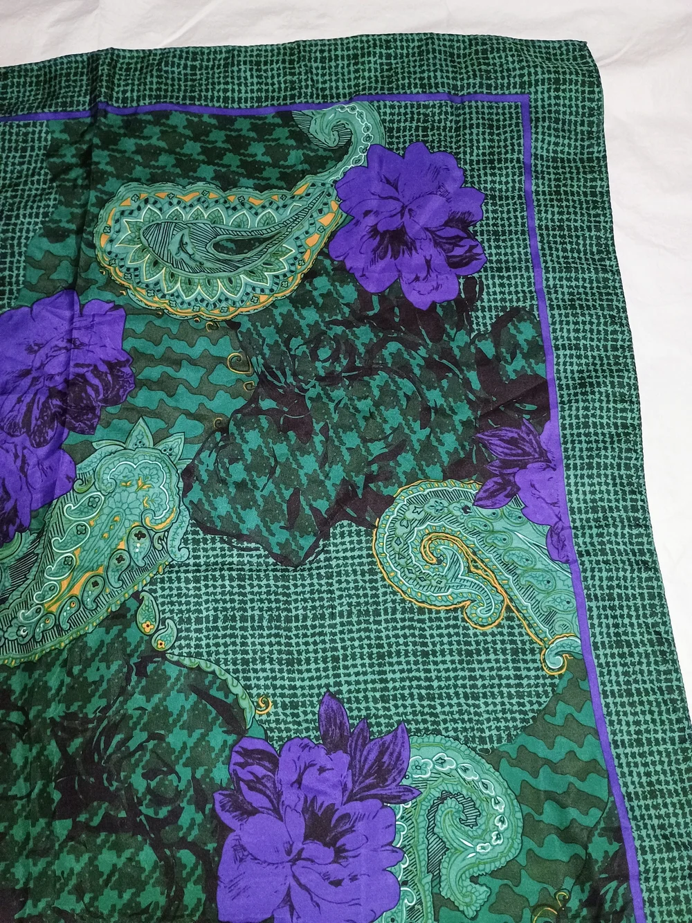 CHRISTIAN DIOR Green & Purple Floral Paisley Square Silk Scarf